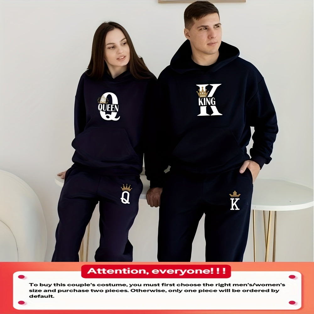 2pcs Couple Hoodie Set, KING QUEEN Print, Polyester, Fashion, Classic, Valentine'S Day, Letter Pattern, 220g/m², Hand Wash, Non-Braided, Knitting, No Foam, with Hoodie and Pants for Men, Women