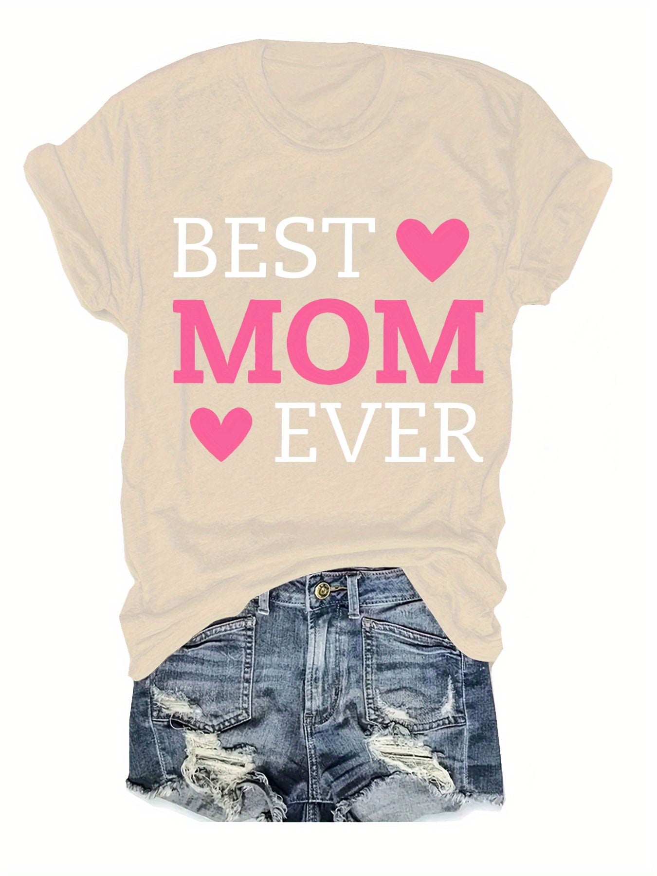 Best Mom Ever Letter Print T-Shirt - Casual Crew Neck Short Sleeve Top for Women, Lightweight Polyester Fabric, Perfect for Summer & Spring, Heart Design for Mother’s Day or Casual Attire, Mothers Day Gifts for Mom