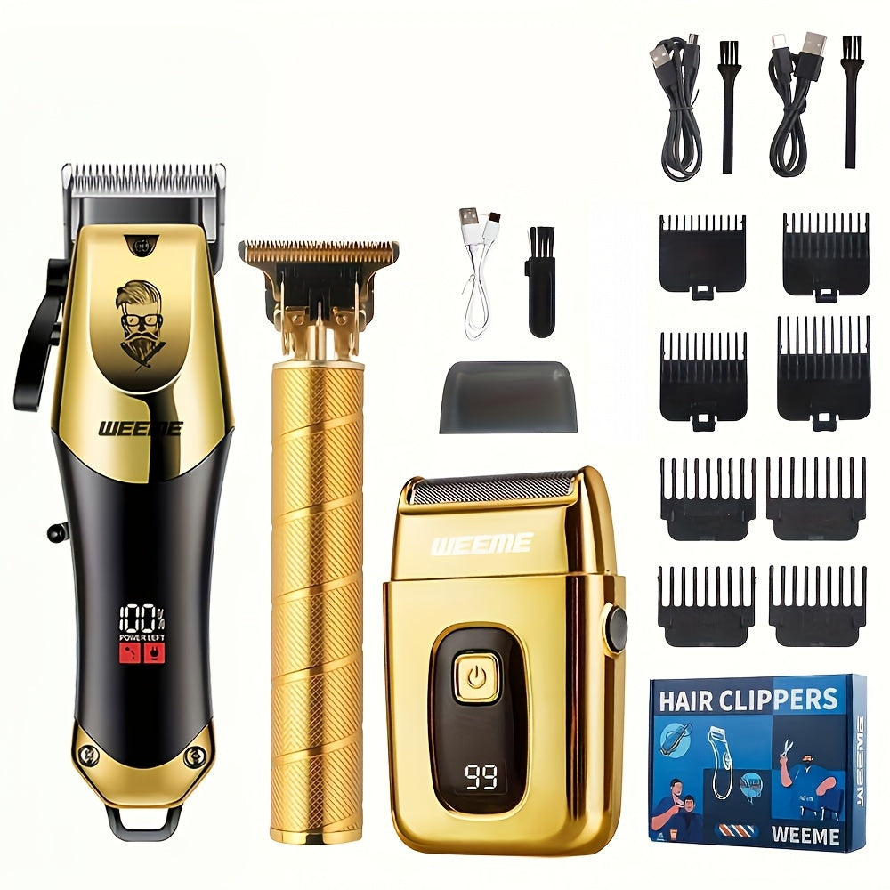 WEEME Golden Hair Cutting Three-Piece Set, Men'S Grooming Kit, Barber'S Haircutting Set, Valentine'S Day Gift Box. USB Rechargeable, LCD Display. Includes 1 Black And Golden Professional Hair Clipper + 1 Golden Men'S Razor +