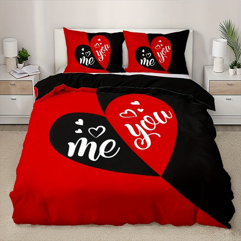 3pcs Couple Black and Red Love Romantic Print Quilt Cover Set