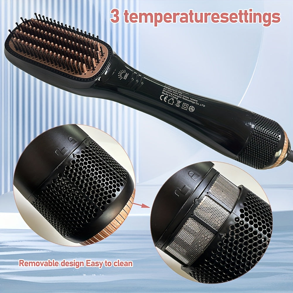 1pc 2-in-1 Hot Air Brush with Detachable Brush Head, 1000W Hair Styling and Drying Tool, 220V European Plug, 3 Temperature Settings, No Battery Required