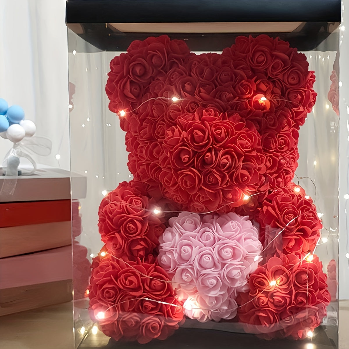 Charming 22.86cm Artificial Rose Teddy Bear Gift with Heart - Perfect for Valentine's, Birthdays & Anniversaries - Includes Transparent Gift Box