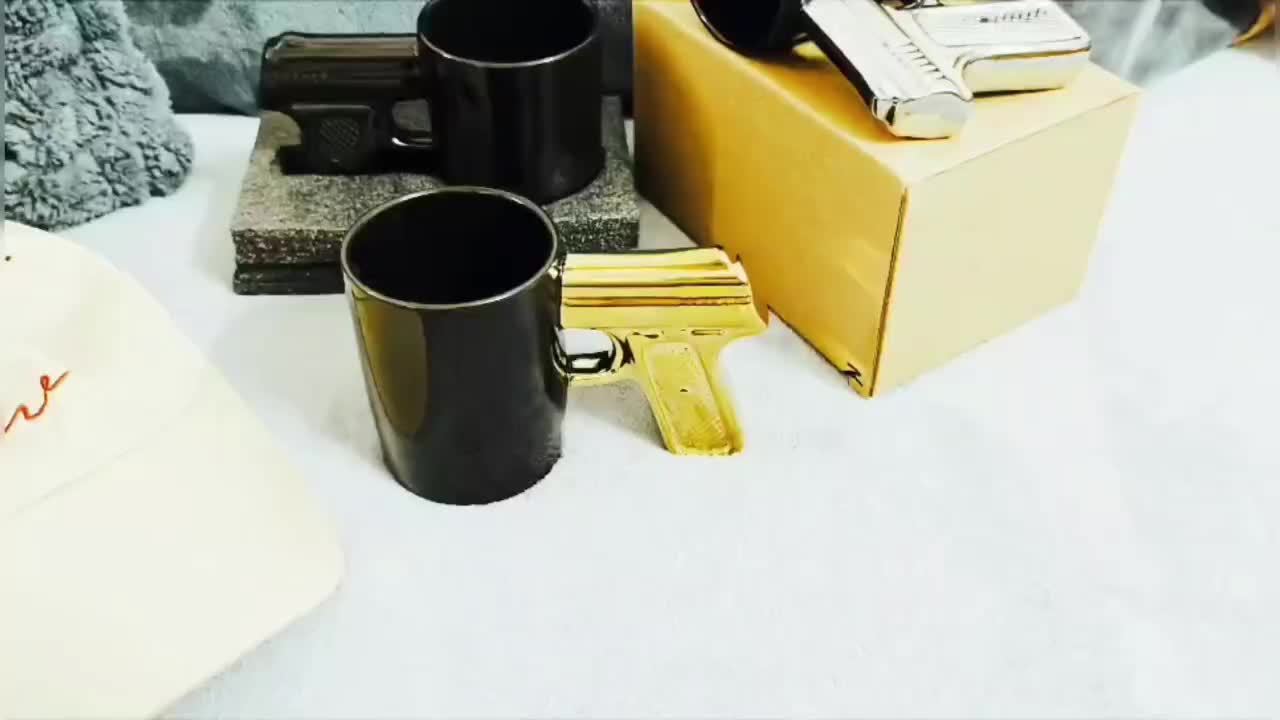 Unique Pistol-Shaped Ceramic Coffee Mug - Black with Golden Accents, Textured Grip, Reusable & Compostable, Ideal for Hot or Cold Beverages, Beverage Holder|Stylish Drinkware|Ceramic Mug, Coffee Bar Accessories