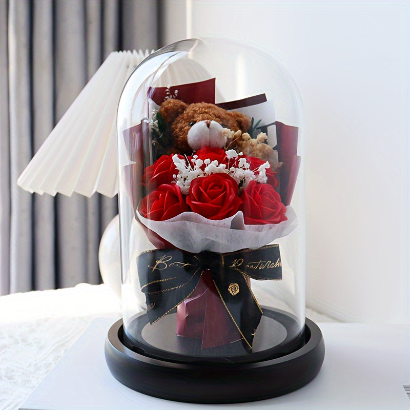 Anniversary Enchanted Rose in Glass Dome with Teddy Bear, Artificial Rose Bouquet Gift, Tabletop Decor for Valentine's, Christmas, Thanksgiving, Graduation, Juneteenth - With Container