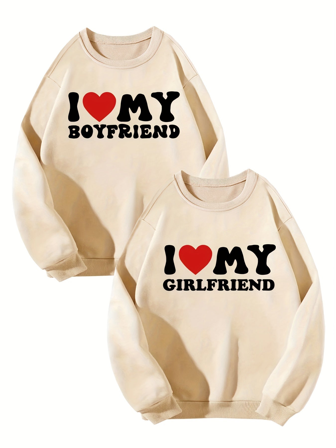 2pcs "I Love My Boyfriend" & "Girlfriend" Green Sweatshirts - Casual Long Sleeve Crew Neck, 100% Polyester, Breathable Knit for Couples - Perfect for Everyday & Date Nights, Couples Apparel|Relaxed Fit Sweatshirt|Knitted Text