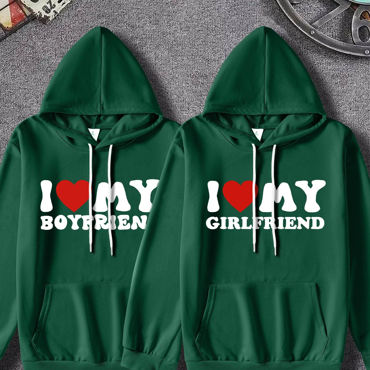 Couple'S Matching Hoodies, "I Love My Boyfriend/Girlfriend" Print, Casual Polyester Knit Fabric, Slight Stretch, Regular Fit, Fall/Winter Warmth, 100% Polyester