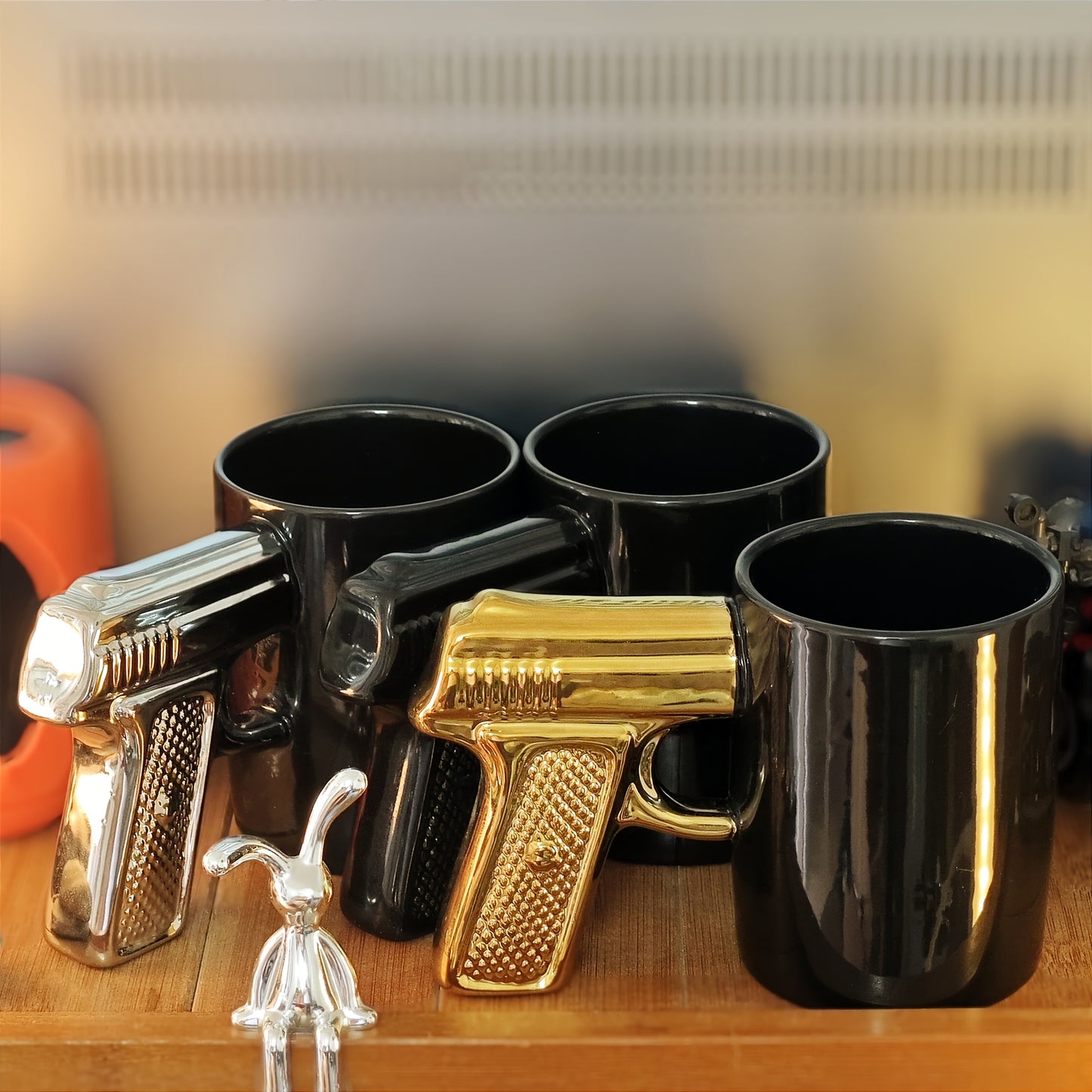 Unique Pistol-Shaped Ceramic Coffee Mug - Black with Golden Accents, Textured Grip, Reusable & Compostable, Ideal for Hot or Cold Beverages, Beverage Holder|Stylish Drinkware|Ceramic Mug, Coffee Bar Accessories