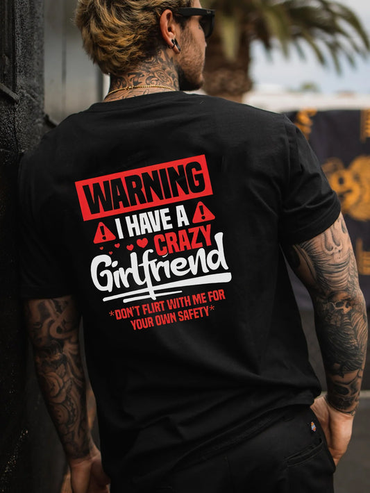 Men'S Casual Crew Neck T-Shirt with "Warning I Have a Crazy Girlfriend" Print, Polyester Knit Fabric, Short Sleeve, Summer Top for Going Out - H Fit, 150gsm