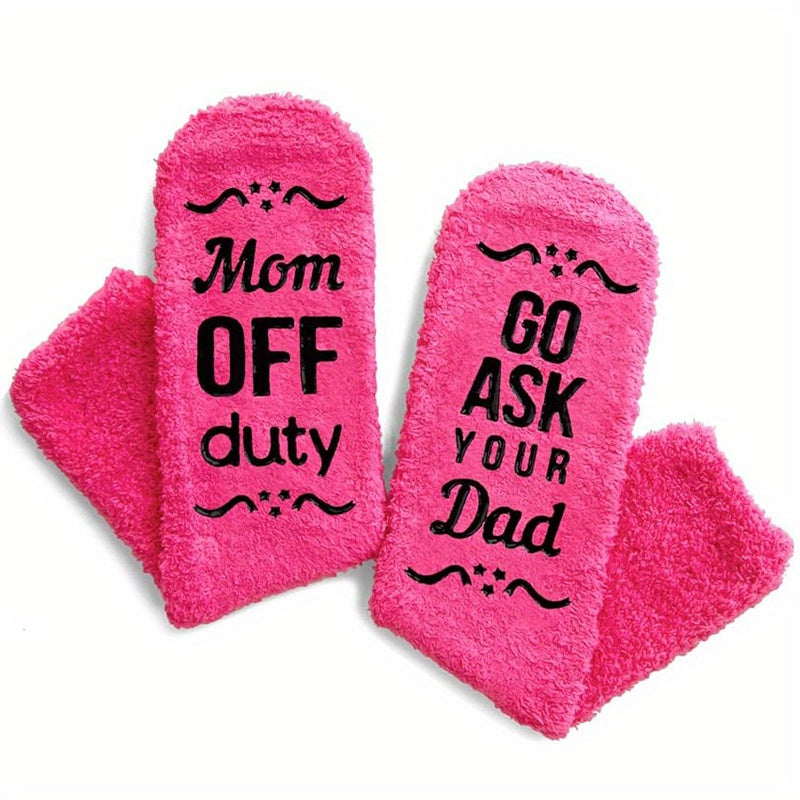 1 Pair "Mom Off Duty, Go Ask Your Dad" Funny Socks - Cozy Polyester Knit, Machine Washable - Perfect Gift for Mother's Day, Christmas, Birthdays from Daughter or Son, Casual Clothing|Decorative Typography|Plush Knit Socks