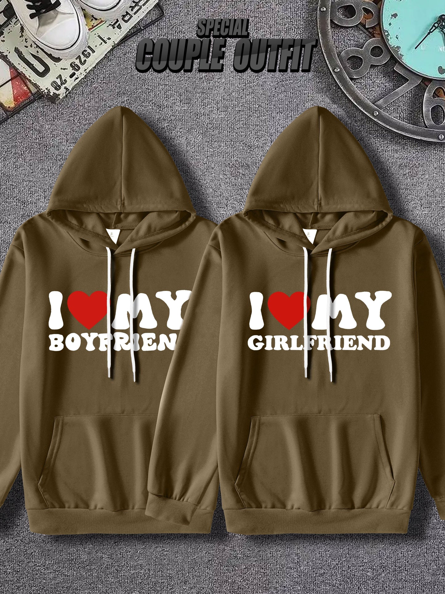 Couple'S Matching Hoodies, "I Love My Boyfriend/Girlfriend" Print, Casual Polyester Knit Fabric, Slight Stretch, Regular Fit, Fall/Winter Warmth, 100% Polyester