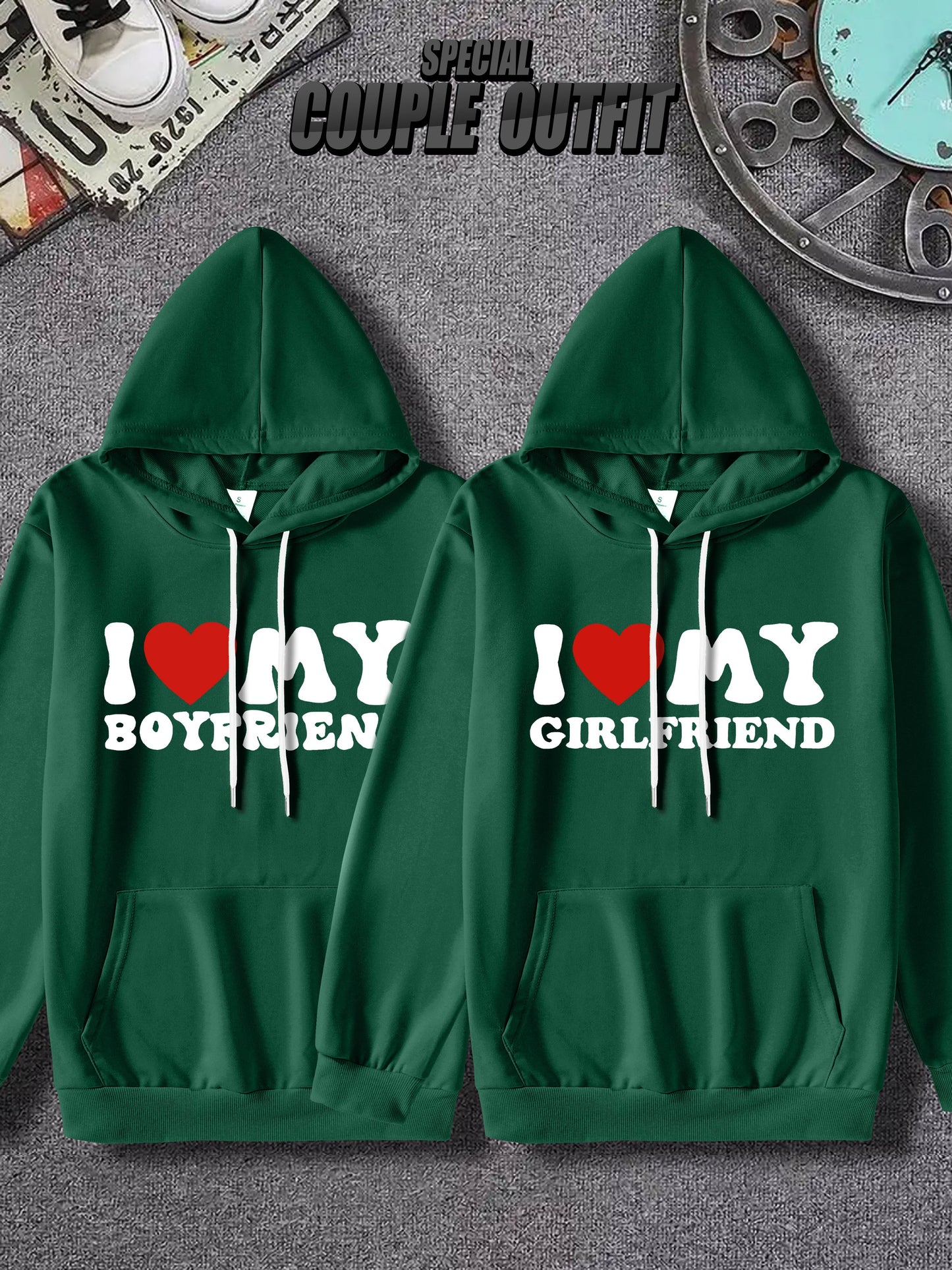 Couple'S Matching Hoodies, "I Love My Boyfriend/Girlfriend" Print, Casual Polyester Knit Fabric, Slight Stretch, Regular Fit, Fall/Winter Warmth, 100% Polyester