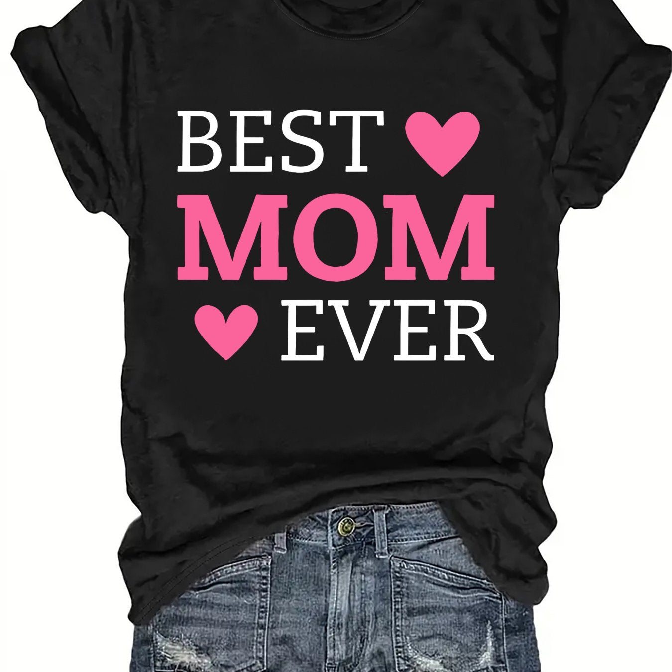 Best Mom Ever Letter Print T-Shirt - Casual Crew Neck Short Sleeve Top for Women, Lightweight Polyester Fabric, Perfect for Summer & Spring, Heart Design for Mother’s Day or Casual Attire, Mothers Day Gifts for Mom