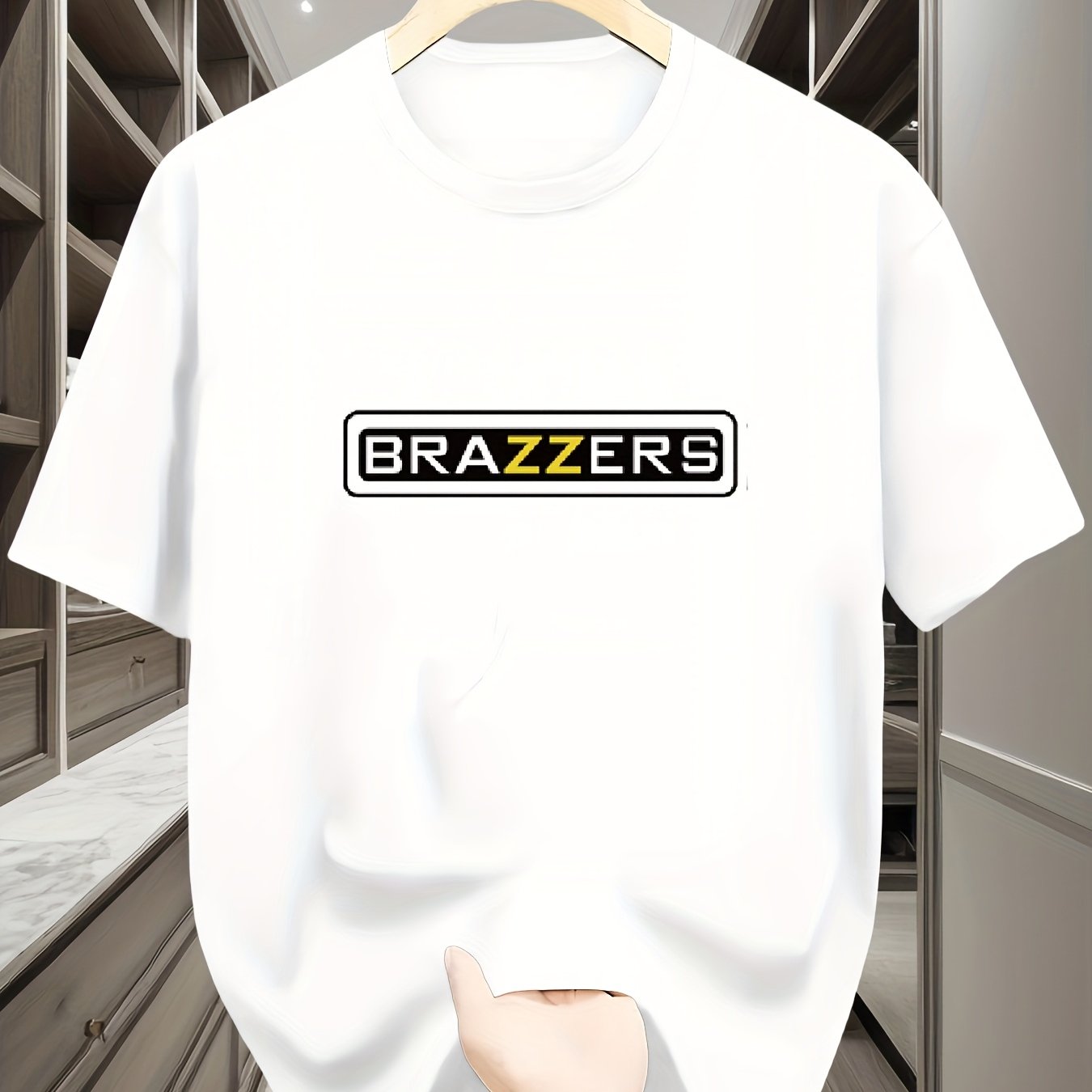 Men'S Casual Summer T-Shirt with "BRAZZERS" Graphic Print - White, Round Neck, Polyester, Lightweight & Breathable for Outdoor Activities, Outdoor Clothing | Graphic Tee | Comfortable Fit, PLUS SIZE