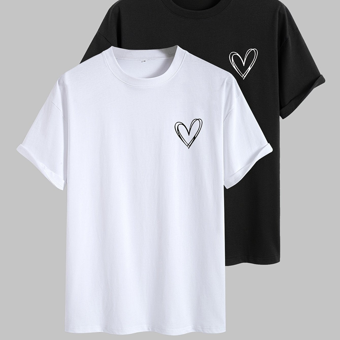 100% Pure Cotton Love Print Short Sleeve T-shirt Black and White 2pcs, Couple Set T-shirt, Sports Casual T-shirt