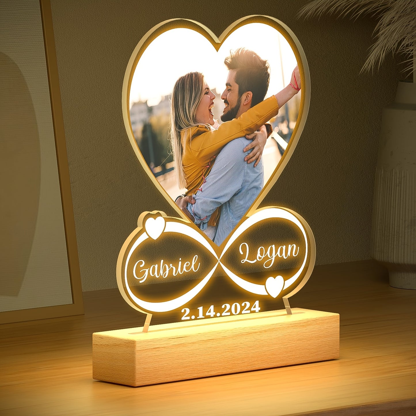 Personalized Custom Picture Frames with Seven colors LED Night Light Christmas gifts New Year Acrylic Heart Plaque Wooden Stand Table Lamp Customized Photo, Mother'S Day Lover Anniversary Birthday