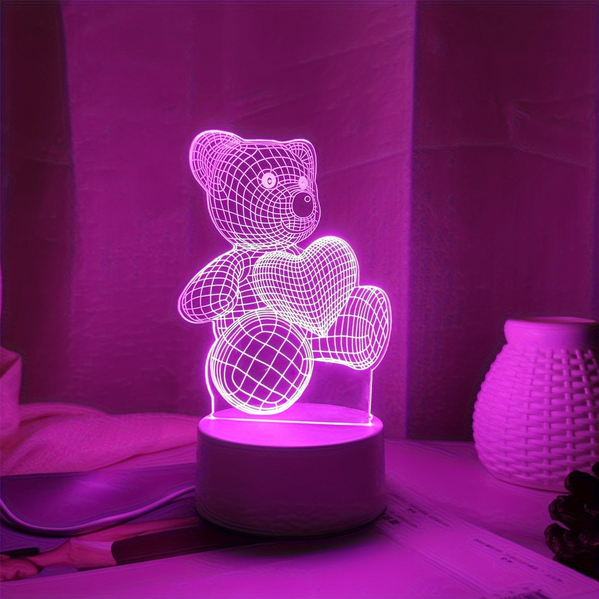 Romantic Pink Heart Bear 3D Night Light - USB Powered, Modern Bedroom Decor with Switch Control