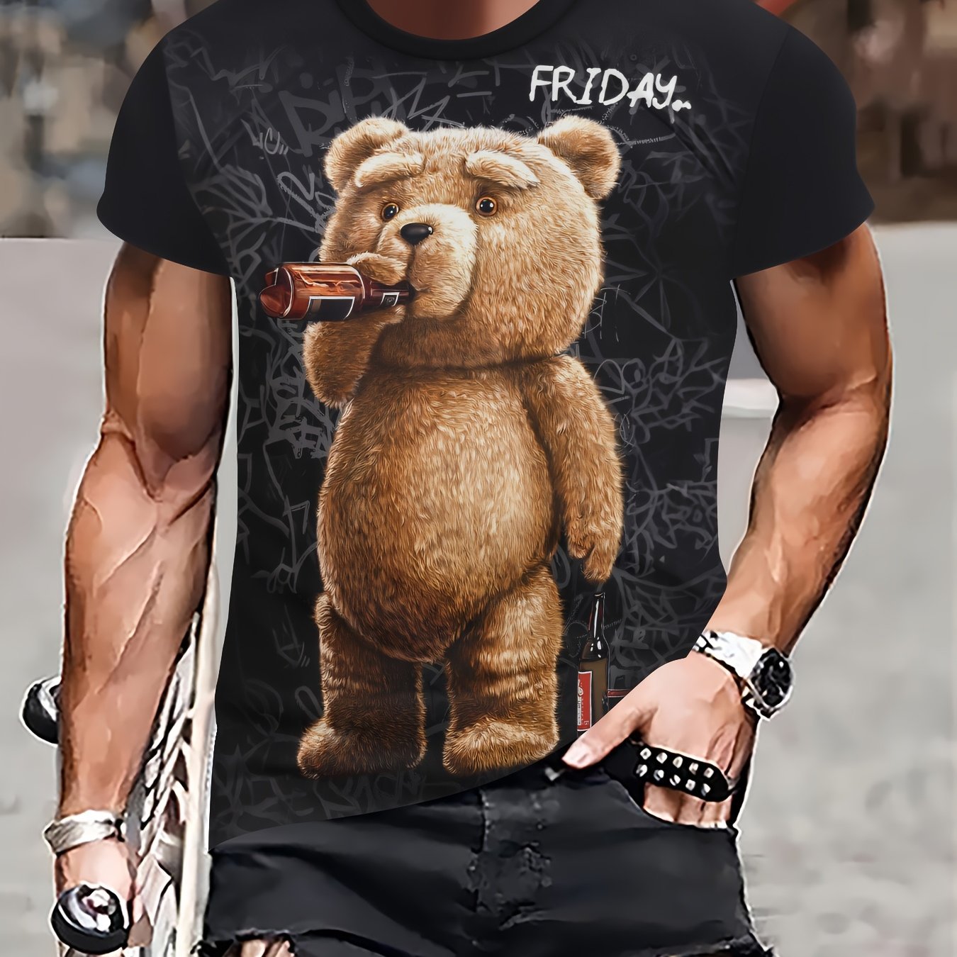 Men'S Funny Cartoon Bear Print T-Shirt, 100% Polyester Knit Fabric, Casual Crew Neck Tee with Slight Stretch, Regular Fit - Black