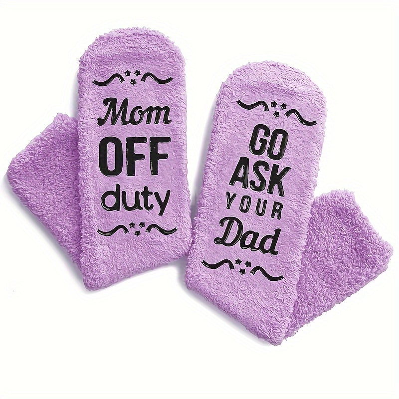 1 Pair "Mom Off Duty, Go Ask Your Dad" Funny Socks - Cozy Polyester Knit, Machine Washable - Perfect Gift for Mother's Day, Christmas, Birthdays from Daughter or Son, Casual Clothing|Decorative Typography|Plush Knit Socks