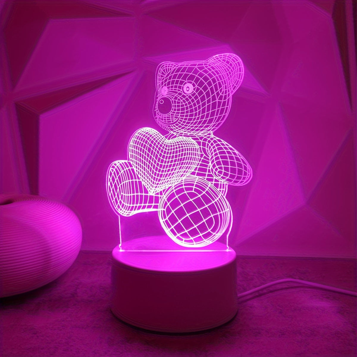 Romantic Pink Heart Bear 3D Night Light - USB Powered, Modern Bedroom Decor with Switch Control