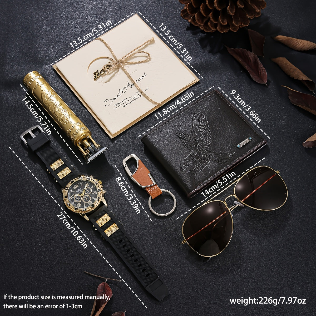 6pcs Men's simple business wallet + fashion watch + hairdresser glasses key chain greeting card super value gift box set The perfect gift for him