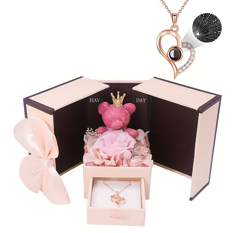 Elegant Rose & Bear Flower Gift Box with Synthetic Stone, Copper Heart Pendant Necklace, Ideal for Birthday, Christmas, Valentine'S Day, Thanksgiving - All-Season Party & Gift Giving Accessory