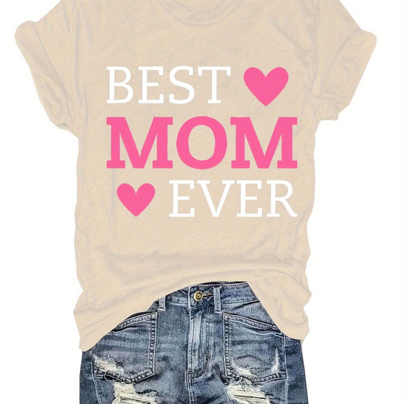 Best Mom Ever Letter Print T-Shirt - Casual Crew Neck Short Sleeve Top for Women, Lightweight Polyester Fabric, Perfect for Summer & Spring, Heart Design for Mother’s Day or Casual Attire, Mothers Day Gifts for Mom