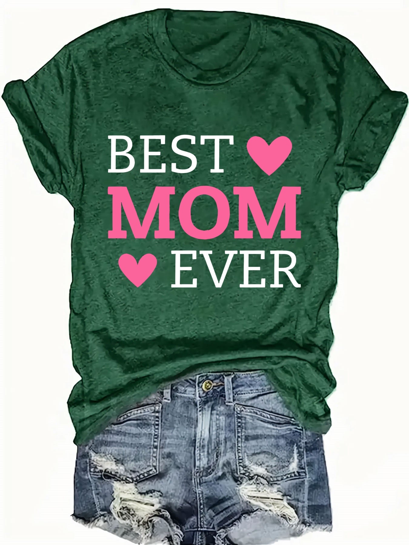 Best Mom Ever Letter Print T-Shirt - Casual Crew Neck Short Sleeve Top for Women, Lightweight Polyester Fabric, Perfect for Summer & Spring, Heart Design for Mother’s Day or Casual Attire, Mothers Day Gifts for Mom