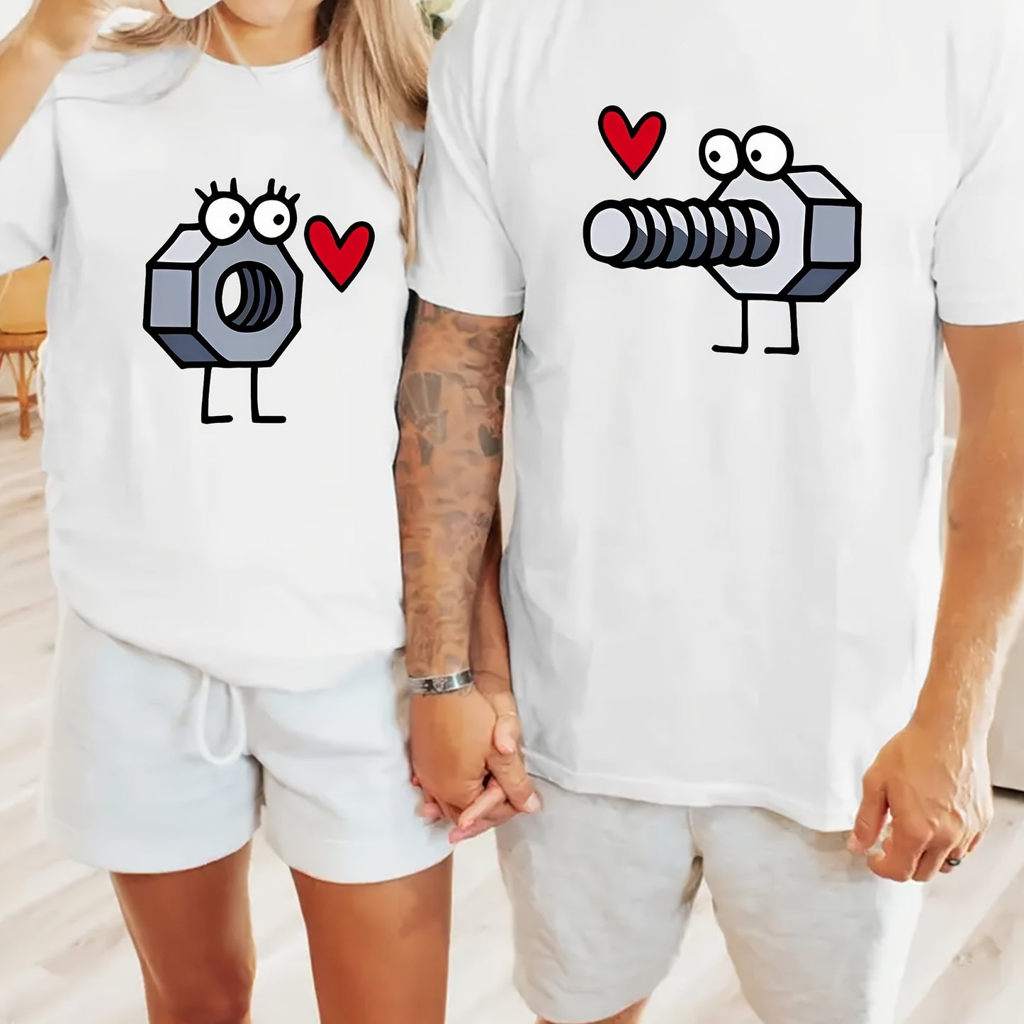 [Everyday Style] Cartoon Screw and Nut Print Fashion Couple T-Shirts, Casual Crew Neck Short Sleeve Tees, Soft Breathable Polyester Knit Fabric, Regular Length, for All Seasons, Cute Shirts