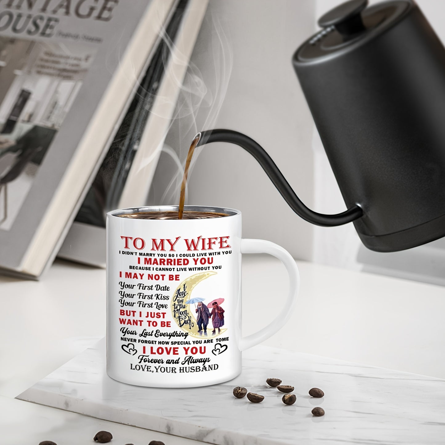 1pc, Wife Gifts, White Cold Coffee Cup with Handle, Unique Coffee Cups Reusable, Christmas, Birthday, Anniversary Wedding Gifts for Wife from Husband - I Love You Gift for Her 11OZ