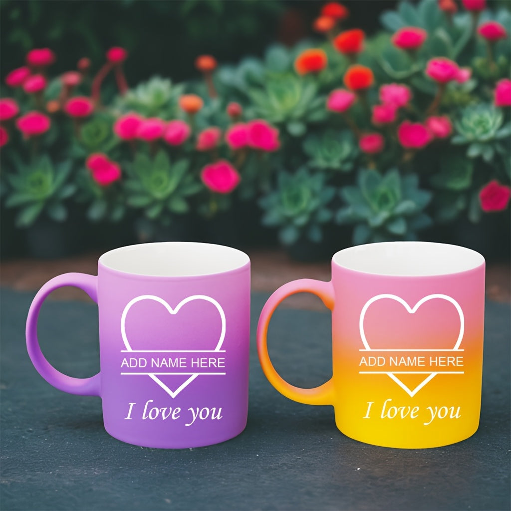 2pcs Personalized Heart Ceramic Mugs - 11oz Insulated Coffee & Tea Cups, Custom Name "I Love You" Design, Perfect for Couples, Valentine’s Day, Christmas, Family Gatherings, Hand Wash Only