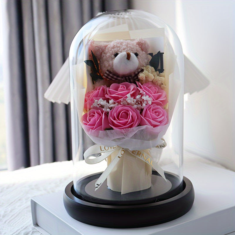 Anniversary Enchanted Rose in Glass Dome with Teddy Bear, Artificial Rose Bouquet Gift, Tabletop Decor for Valentine's, Christmas, Thanksgiving, Graduation, Juneteenth - With Container