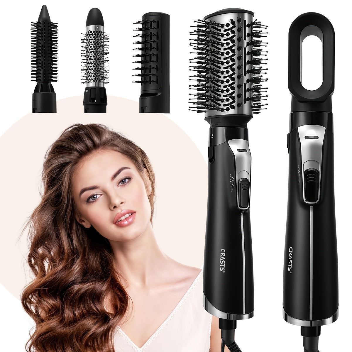 CRASTS 5-in-1 Hot Air Brush Set, 1200W Professional Hair Styling Kit with Detachable Nozzle, Dual Voltage 220V, European Standard Plug, Includes Comb & Hair Dryer Nozzle, Moisturizing Ionic Brush for Straightening & Curling,