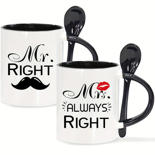 Mr. Right & Mrs. Always Right Ceramic Coffee Mugs Set with Spoons - 11oz, Hand Wash Only, Insulated, Reusable, Multipurpose - Ideal Engagement, Wedding, Anniversary, Valentine's Day Gift for Couples