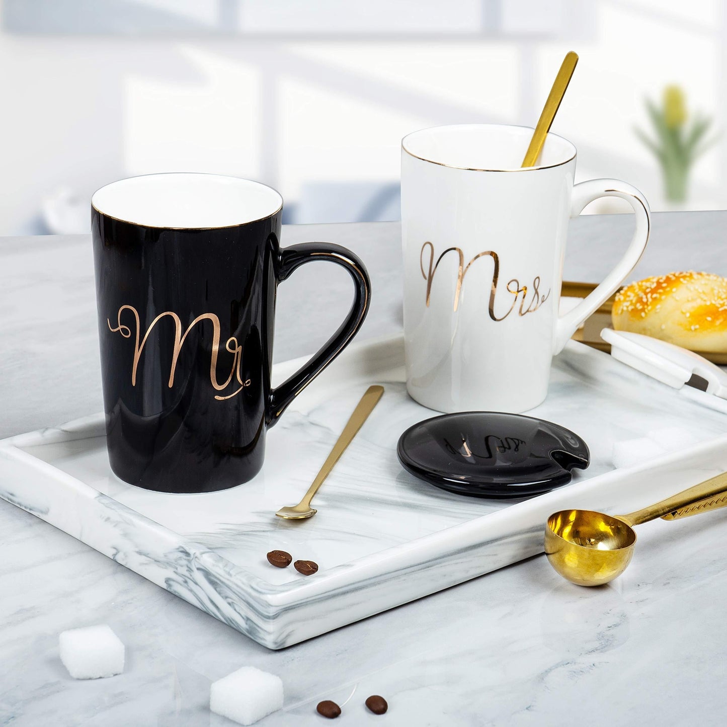 Mr & Mrs Ceramic Coffee Mug Set, Reusable Round Letter Printed Cups with Lids, BPA-Free, Multipurpose for Christmas, Thanksgiving, Valentine's Day - Ideal Wedding, Engagement, Anniversary Gift, Anniversary Mug Set|Modern Coff