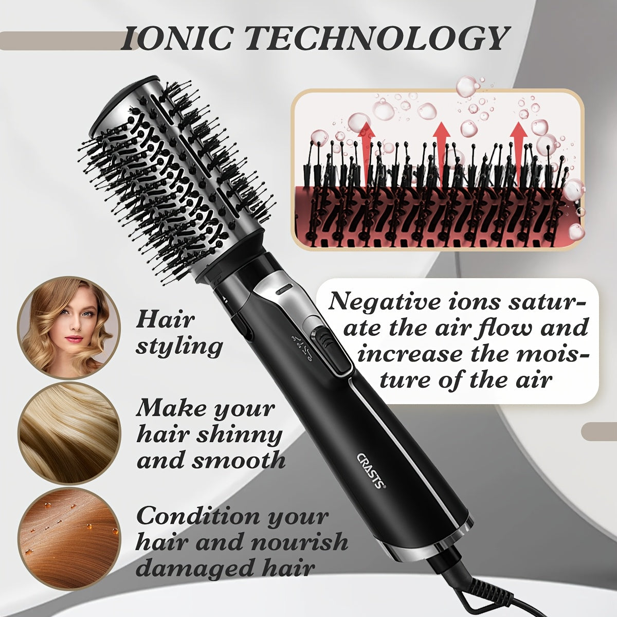 CRASTS 5-in-1 Hot Air Brush Set, 1200W Professional Hair Styling Kit with Detachable Nozzle, Dual Voltage 220V, European Standard Plug, Includes Comb & Hair Dryer Nozzle, Moisturizing Ionic Brush for Straightening & Curling,