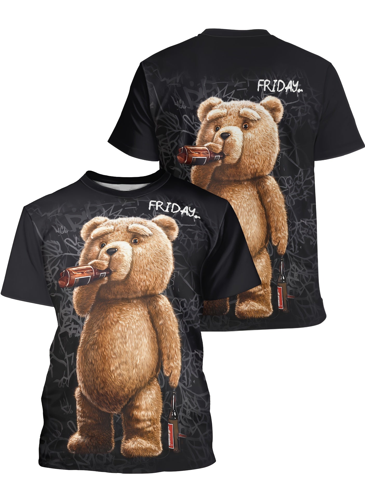 Men'S Funny Cartoon Bear Print T-Shirt, 100% Polyester Knit Fabric, Casual Crew Neck Tee with Slight Stretch, Regular Fit - Black