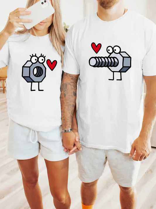 [Everyday Style] Cartoon Screw and Nut Print Fashion Couple T-Shirts, Casual Crew Neck Short Sleeve Tees, Soft Breathable Polyester Knit Fabric, Regular Length, for All Seasons, Cute Shirts