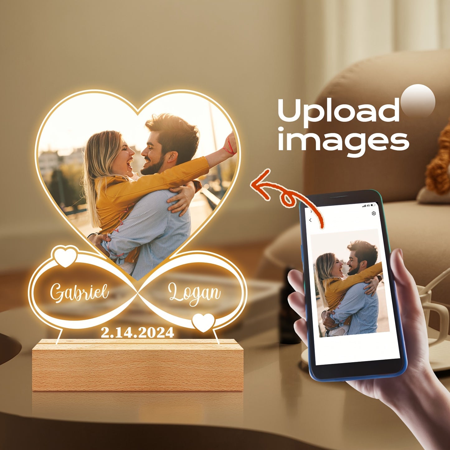 Personalized Custom Picture Frames with Seven colors LED Night Light Christmas gifts New Year Acrylic Heart Plaque Wooden Stand Table Lamp Customized Photo, Mother'S Day Lover Anniversary Birthday