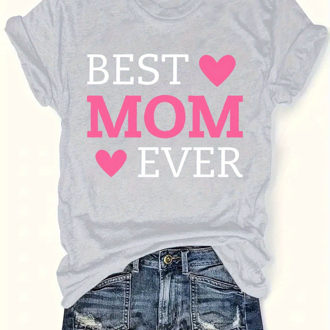 Best Mom Ever Letter Print T-Shirt - Casual Crew Neck Short Sleeve Top for Women, Lightweight Polyester Fabric, Perfect for Summer & Spring, Heart Design for Mother’s Day or Casual Attire, Mothers Day Gifts for Mom