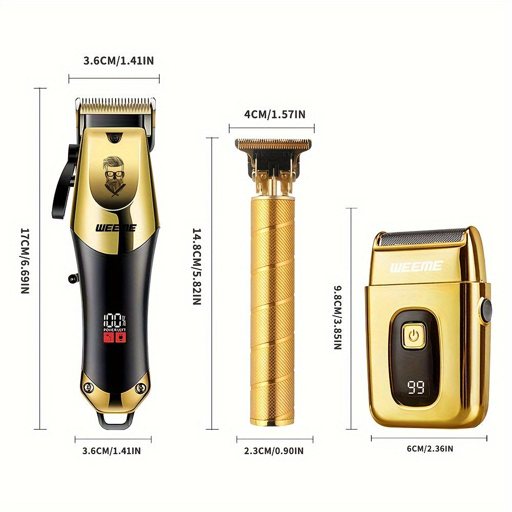 WEEME Golden Hair Cutting Three-Piece Set, Men'S Grooming Kit, Barber'S Haircutting Set, Valentine'S Day Gift Box. USB Rechargeable, LCD Display. Includes 1 Black And Golden Professional Hair Clipper + 1 Golden Men'S Razor +