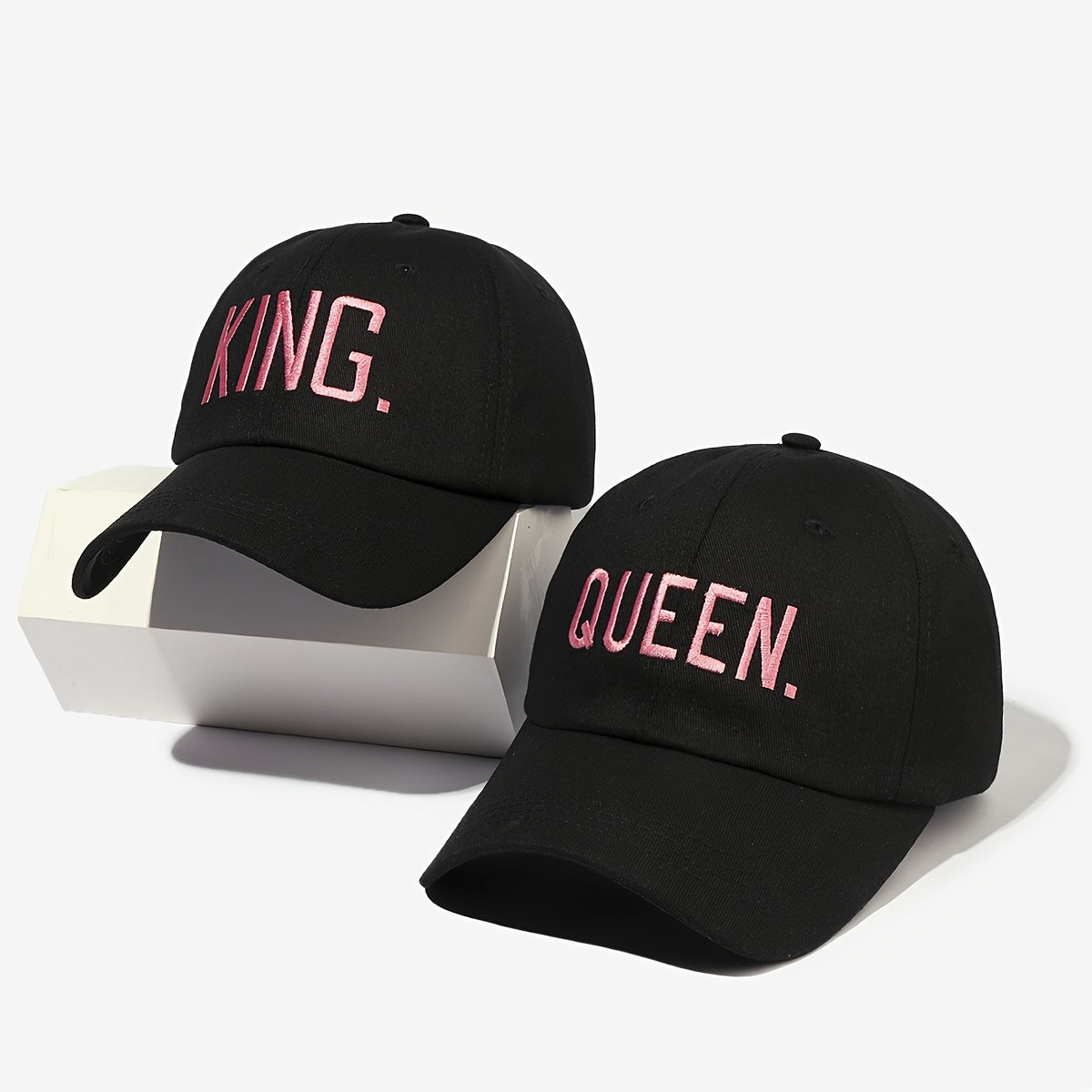 King & Queen Embroidered Couple Baseball Caps Set of 2, Fabric 100%, Adjustable Buckle Closure, Sun Protection Holiday Theme Unisex Hats