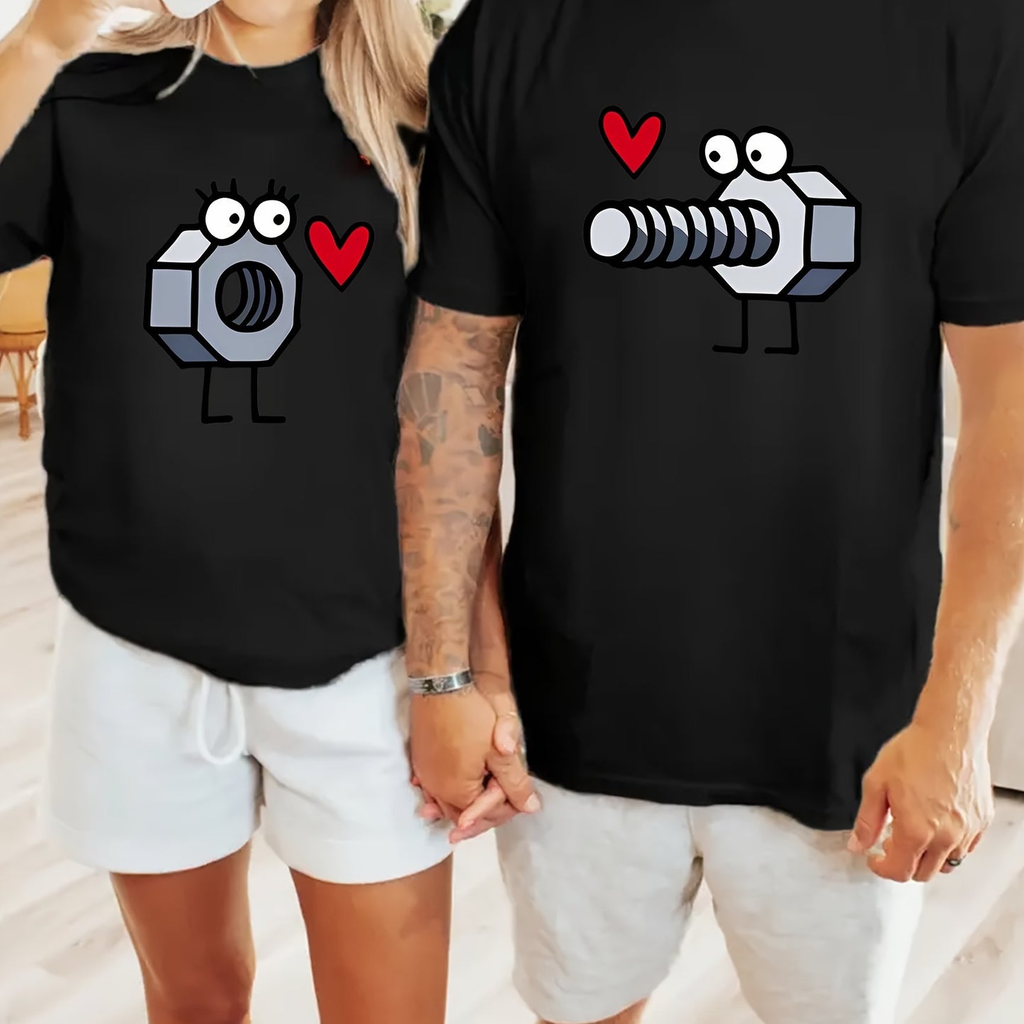 [Everyday Style] Cartoon Screw and Nut Print Fashion Couple T-Shirts, Casual Crew Neck Short Sleeve Tees, Soft Breathable Polyester Knit Fabric, Regular Length, for All Seasons, Cute Shirts