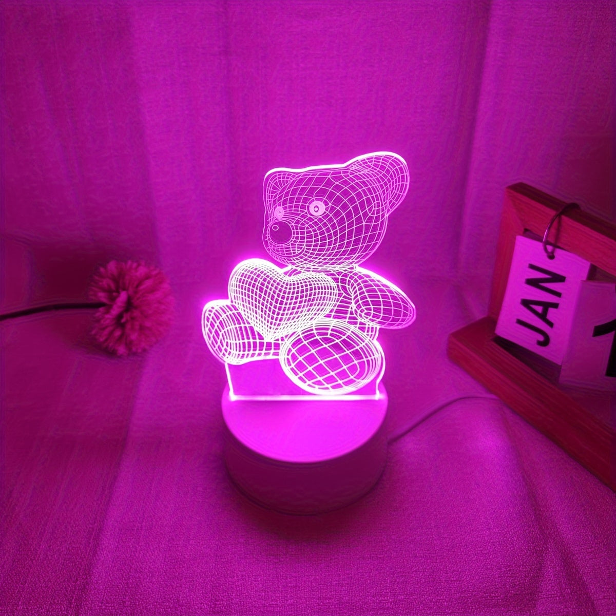 Romantic Pink Heart Bear 3D Night Light - USB Powered, Modern Bedroom Decor with Switch Control