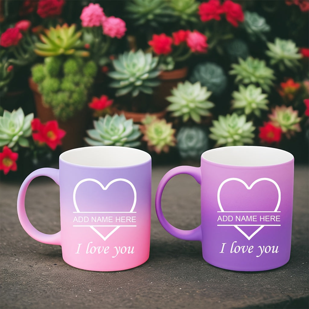 2pcs Personalized Heart Ceramic Mugs - 11oz Insulated Coffee & Tea Cups, Custom Name "I Love You" Design, Perfect for Couples, Valentine’s Day, Christmas, Family Gatherings, Hand Wash Only