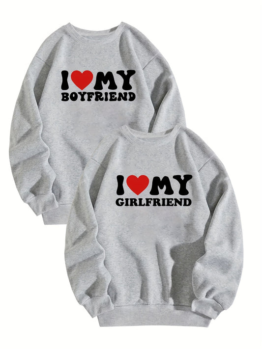 2pcs "I Love My Boyfriend" & "Girlfriend" Green Sweatshirts - Casual Long Sleeve Crew Neck, 100% Polyester, Breathable Knit for Couples - Perfect for Everyday & Date Nights, Couples Apparel|Relaxed Fit Sweatshirt|Knitted Text