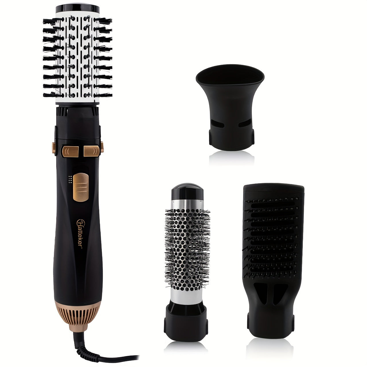 HATTEKER 4-in-1 Hot Air Brush - Dual-Use Straightening & Curling Comb, 1200W High-Power Hair Dryer Attachment with Interchangeable Heads, Black & Golden Design for Stylish Waves and Straight Looks