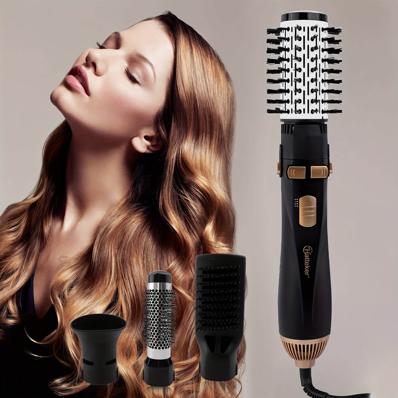 HATTEKER 4-in-1 Hot Air Brush - Dual-Use Straightening & Curling Comb, 1200W High-Power Hair Dryer Attachment with Interchangeable Heads, Black & Golden Design for Stylish Waves and Straight Looks