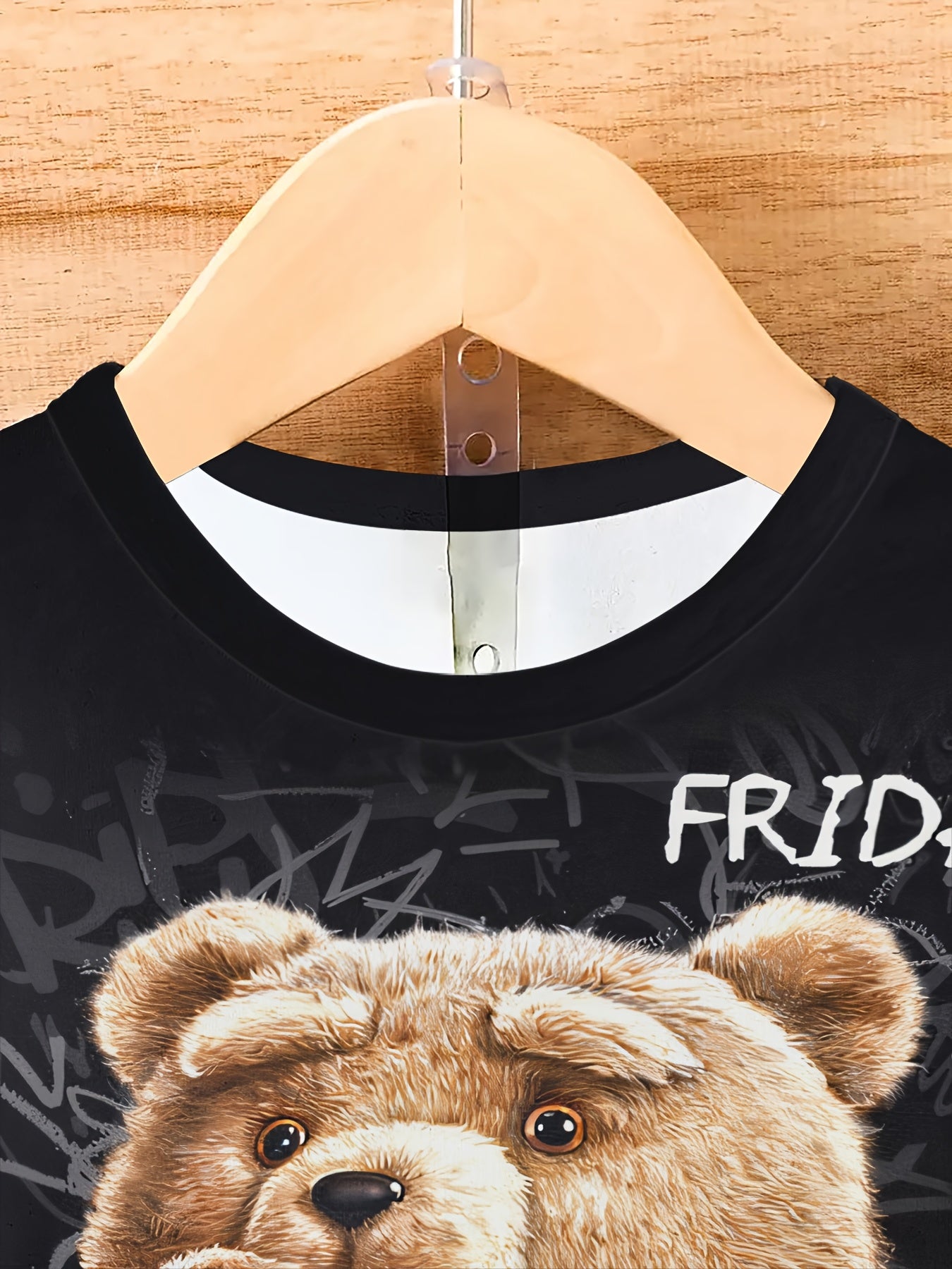 Men'S Funny Cartoon Bear Print T-Shirt, 100% Polyester Knit Fabric, Casual Crew Neck Tee with Slight Stretch, Regular Fit - Black