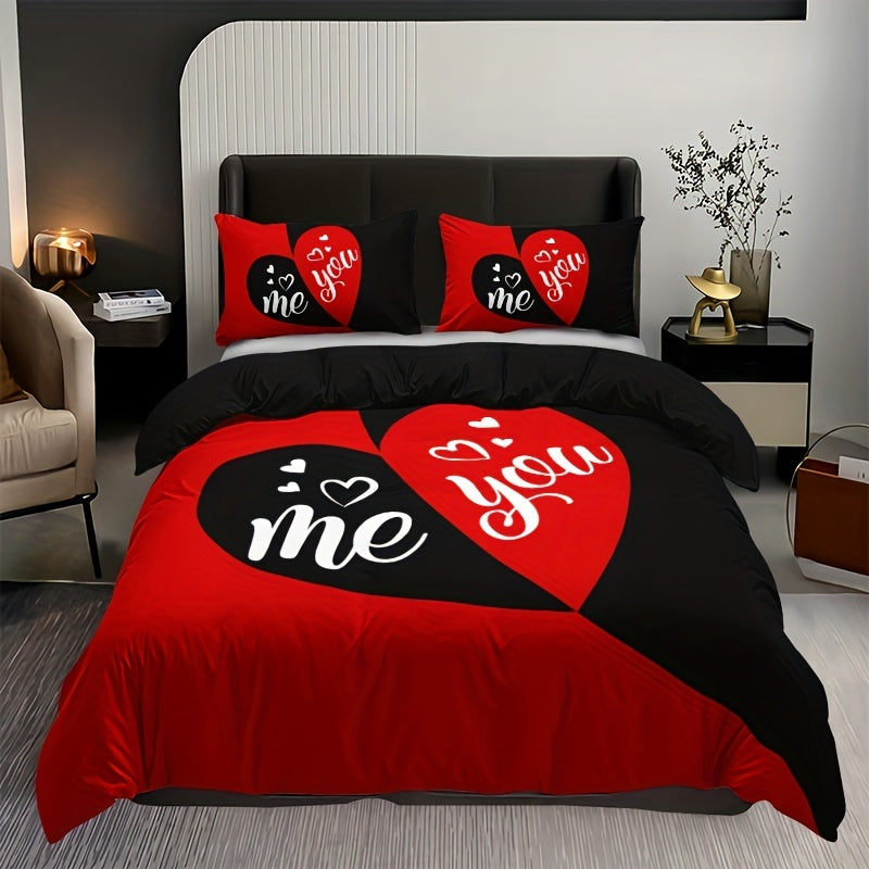 3pcs Couple Black and Red Love Romantic Print Quilt Cover Set