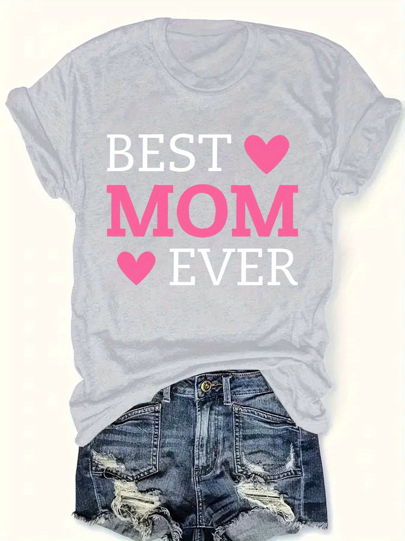 Best Mom Ever Letter Print T-Shirt - Casual Crew Neck Short Sleeve Top for Women, Lightweight Polyester Fabric, Perfect for Summer & Spring, Heart Design for Mother’s Day or Casual Attire, Mothers Day Gifts for Mom